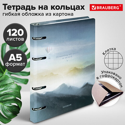 Тетрадь на кольцах А5 160х212 мм, 120 листов, картон, матовая ламинация, клетка, BRAUBERG, "В горах", 404724