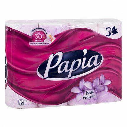 Бумага туалетная бытовая, спайка 12 шт., 3-слойная (12х16,8 м), PAPIA, Балийский цветок, 5058576