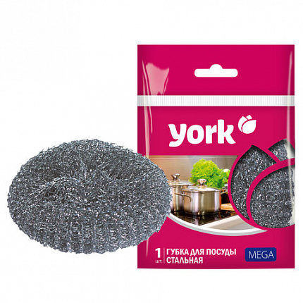 Губка (мочалка) металлическая, 40г, МЕГА, для посуды, гриля, плиты, YORK, 003030