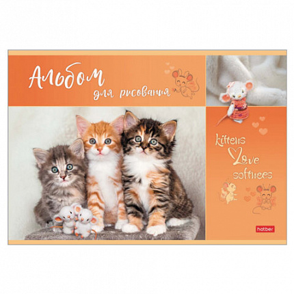 Альбом для рисования А4 16 л., скоба, обложка картон, HATBER, 205х290 мм, "Мяу-Котики", 086277, 16А4В