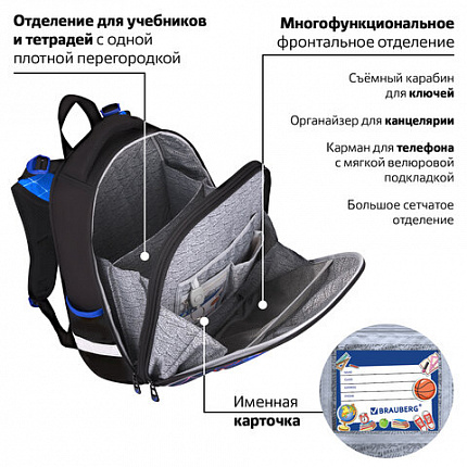 Ранец BRAUBERG PREMIUM, 2 отделения, с брелоком, "Score goal", 3D-панель, 38х29х16 см, 273102