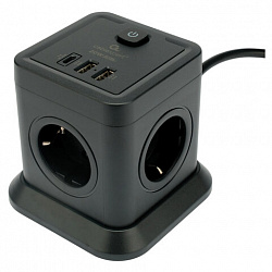 Сетевой фильтр CABLEXPERT Tower, 4 розетки, 10 А, 1 x Type-C PD, 20 Вт, 2 х USB, 2 м, черный, TWR-4-CU2-B-2