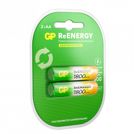 Батарейки аккумуляторные GP ReEnergy Ni-Mh пальчиковые КОМПЛЕКТ 2 шт., AA (HR6), 1800 mAh, 180AAHCRGY, 180AAHCRGY-2CRC