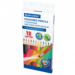 Карандаши цветные стираемые с ластиком BRAUBERG, 12 цветов, шестигранные, 182070