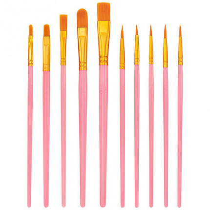 Кисти набор 10 шт., синтетика, розовые, № 2/0-8 (Круглые; Овальные; Плоские; Лайнеры), WBZ, 201088