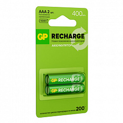 Батарейки аккумуляторные GP ReCharge Ni-Mh мизинчиковые КОМПЛЕКТ 2 шт., ААА (HR03) 400 mAh, 40AAAHCV, 40AAAHCV-2CRSB
