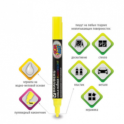 Маркер меловой "POP-ART" ЖЕЛТЫЙ, 5 мм, стираемый, для гладких поверхностей, BRAUBERG, 151528