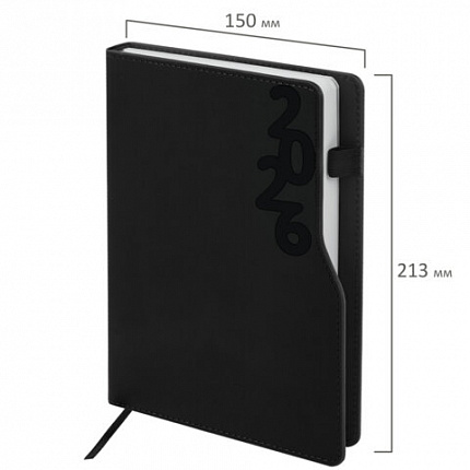 Ежедневник датированный 2026, А5, 150x213 мм, BRAUBERG "Up", под кожу, софт-тач, держатель для ручки, черный, 117116