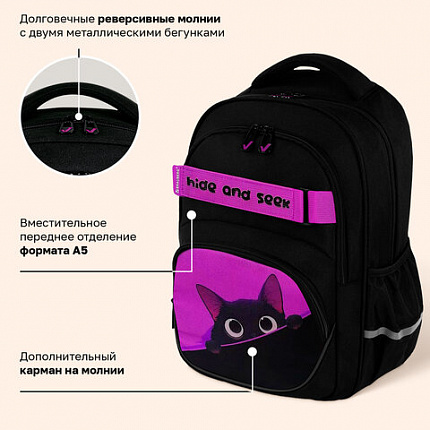Рюкзак BRAUBERG MOTION, 2 отделения, 3 кармана, "Прячущийся котик", 41х28х17 см, 274399