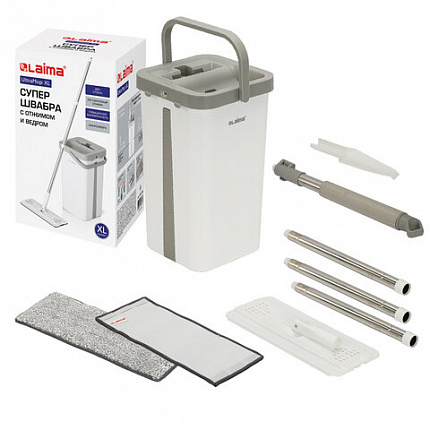 Швабра с отжимом и ведром 12л/9л двухкамерное, 2 насадки микрофибра, карманы с 2-х сторон, рукоятка 134-154см белый NeoMop XL, LAIMA,609149