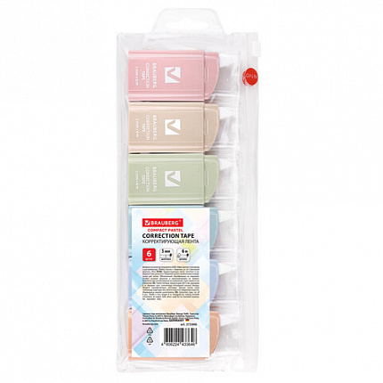 Корректирующая лента BRAUBERG COMPACT PASTEL, 5 мм х 6 м, КОМПЛЕКТ 6 штук, пенал с zip-lock, 272496