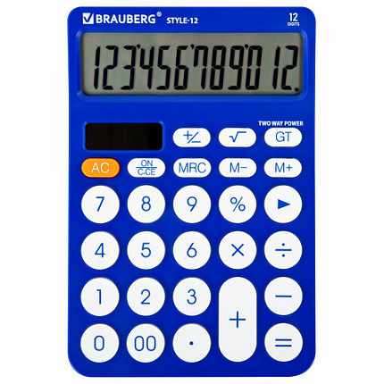 Калькулятор настольный BRAUBERG STYLE-12-BL (157х106 мм), 12 разрядов, двойное питание, СИНИЙ, 272966