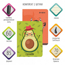 Тетради 60 л. в линию обложка SoftTouch, НАБОР 2 шт., бежевая бумага 70 г/м2, сшивка, B5 (179х250 мм), КОНТРАСТ, BRAUBERG, 403826