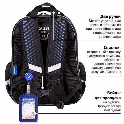 Ранец BRAUBERG QUADRO, 3 отделения, с брелоком, "Спортивная машина", ЛАМПОЧКИ, 37х28х18 см, 271359