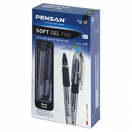 Ручка гелевая с грипом PENSAN "Soft Gel Fine", ЧЕРНАЯ, игольчатый узел 0,5 мм, линия 0,4 мм, 2420/12