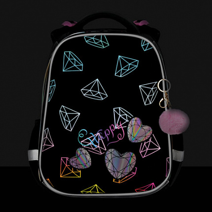 Ранец BRAUBERG LUMINOUS, 2 отделения, с брелоком, "Бриллианты", СВЕТЯЩИЙСЯ РИСУНОК, 38х29х16 см, 272070