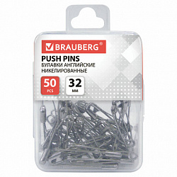 Булавки английские BRAUBERG, 32 мм, никелированные, 50 шт., в пластиковой коробке с европодвесом, 223970