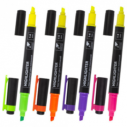 Набор текстовыделителей двусторонних BRAUBERG 4 шт., АССОРТИ, линия 1-4 мм, 150845