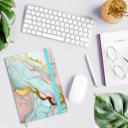 Ежедневник недатированный с резинкой А5 145х203 мм, BRAUBERG, твердый, фольга, 128 л., "Marble", 116292