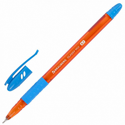 Ручка шариковая масляная с грипом BRAUBERG GLASSY MIX, СИНЯЯ, корпус ассорти, линия письма 0,35 мм, 144106