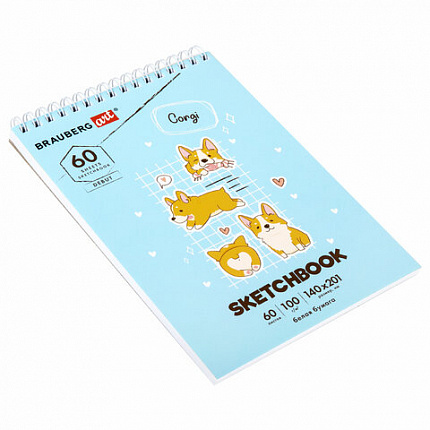 Скетчбук, белая бумага 100 г/м2, 140х201 мм, 60 л., гребень, жёсткая подложка, BRAUBERG ART, "Корги", 115064