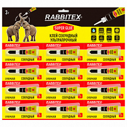 Клей секундный суперклей УЛЬТРАПРОЧНЫЙ, отрывная мультикарта 12 шт., 3 г, RABBITEX (РАББИТЕКС) "ДВА СЛОНА", 609810