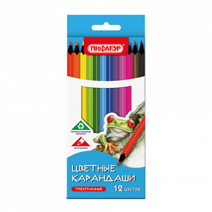 Карандаши цветные ПИФАГОР СТАНДАРТ 12 цветов, трехгранный корпус, 182087