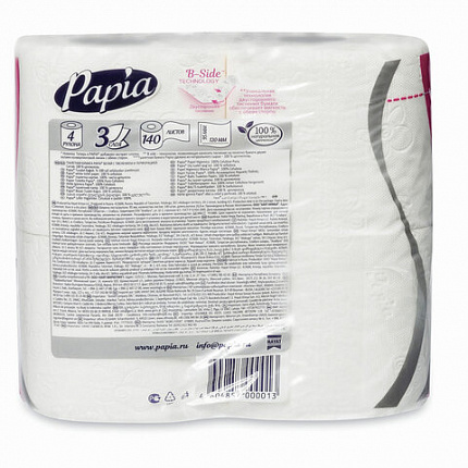 Бумага туалетная бытовая, спайка 4 шт., 3-слойная (4 х 16,8 м), PAPIA, белая, 5058528