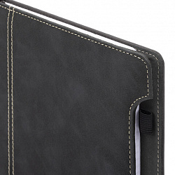 Блокнот А5 165x218 мм, BRAUBERG "Perfect", под кожу софт-тач, держатель для ручки, 80 листов, клетка, черный, 116614