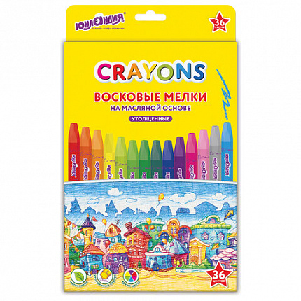 Восковые мелки утолщенные на масляной основе ЮНЛАНДИЯ "ДОМИКИ", 36 цветов, 273092