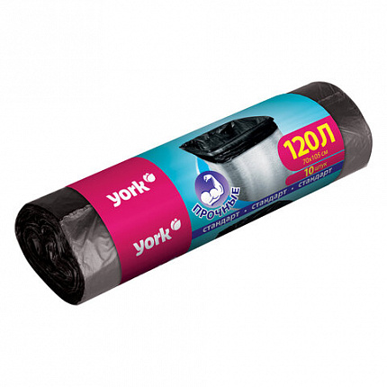 Мешки для мусора 120л, черные, в рулоне 10шт, ПНД, 13мкм, YORK, 902150