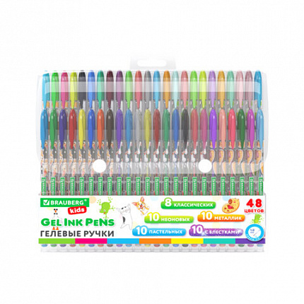 Ручки гелевые BRAUBERG KIDS "CUTE ANIMALS", НАБОР 48 ЦВЕТОВ, корпус с печатью, узел 1 мм, линия письма 0,7 мм, 144449