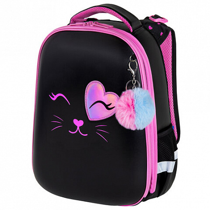 Ранец BRAUBERG SHINY, 2 отделения, с брелком, "Улыбающийся котик", 38х28х14 см, 272040