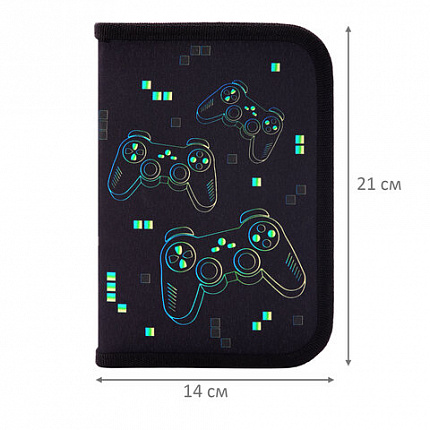 Пенал BRAUBERG с наполнением, 1 отделение, 1 откидная планка, 24 предмета, 21х14 см, "Pixel gamepad", 274619