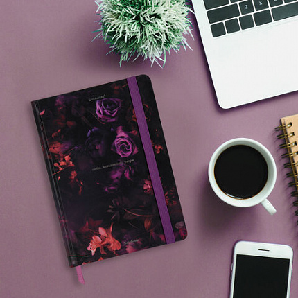 Блокнот с резинкой в клетку 96 л., А5 145х203 мм, твердая обложка с фольгой, BRAUBERG, "Цветы", 116327