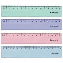 Линейка пластиковая 15 см BRAUBERG "PASTEL", тонированная, ассорти, 117012