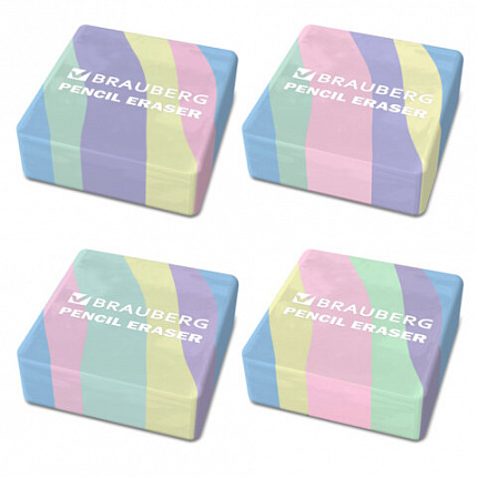 Ластик BRAUBERG PASTEL, 34х34х14 мм, квадратный, эко-пвх, цвет ластика ассорти, 273210