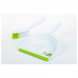Совок для мусора КОМПЛЕКТ+ щетка сметка, пластиковые, резиновая кромка, бело-зеленый, ЛЮБАША, 603615