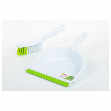 Совок для мусора КОМПЛЕКТ+ щетка сметка, пластиковые, резиновая кромка, бело-зеленый, ЛЮБАША, 603615