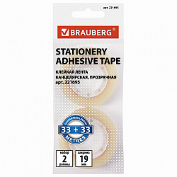 Клейкие ленты 19 мм х 33 м канцелярские BRAUBERG, комплект 2 шт., прозрачные, гарантированная длина, европодвес, 221695