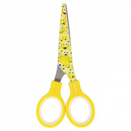 Ножницы 130 мм с цветной печатью "Смайлики", жёлто-белые, закругленные, BRAUBERG KIDS, 232274