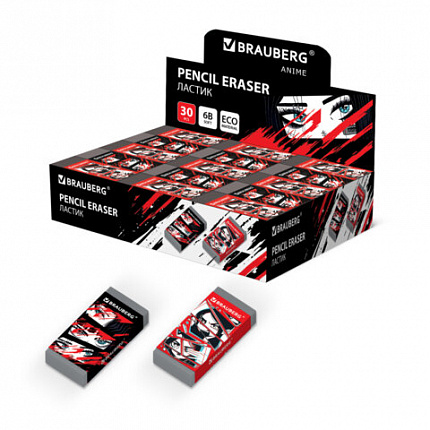 Ластик BRAUBERG ANIME, 50х24х10 мм, ЭКО-ПВХ, прямоугольный, картонный рукав, ассорти, 272731