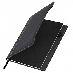 Блокнот А5 165x218 мм, BRAUBERG "Perfect", под кожу софт-тач, держатель для ручки, 80 листов, клетка, черный, 116614