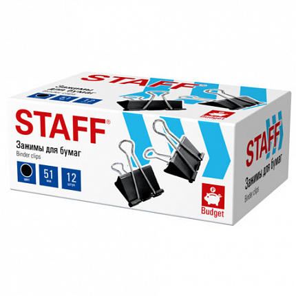 Зажимы для бумаг БОЛЬШИЕ STAFF ECO, КОМПЛЕКТ 12шт, 51 мм, на 230л, черные, картонная коробка, 274035