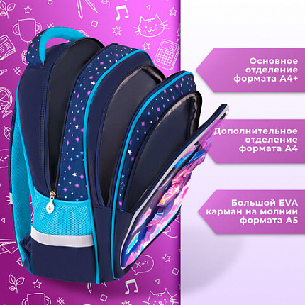 Рюкзак BRAUBERG KIDS FLOSSY, 2 отделения, 3 кармана, "Sky girl", 3D-панель, 40х28х18 см, 273179