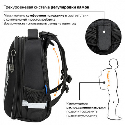 Ранец BRAUBERG SHINY, 2 отделения, с брелком, "Царь зверей", светящийся рисунок, 38х28х14 см, 272039