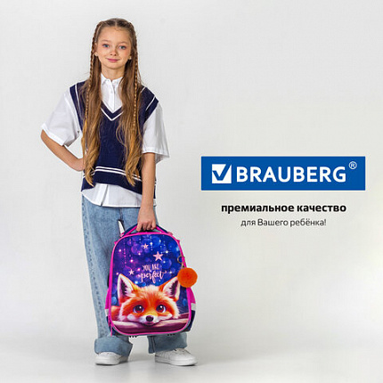 Ранец BRAUBERG PREMIUM, 2 отделения, с брелоком, "Милый лисенок", ЛАМПОЧКИ, 38х29х16 см, 272019