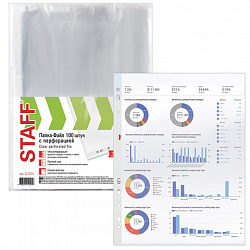 Папки-файлы перфорированные А4 STAFF "ЭКОНОМ", КОМПЛЕКТ 100 шт., гладкие, 22 - 25 мкм, 227374