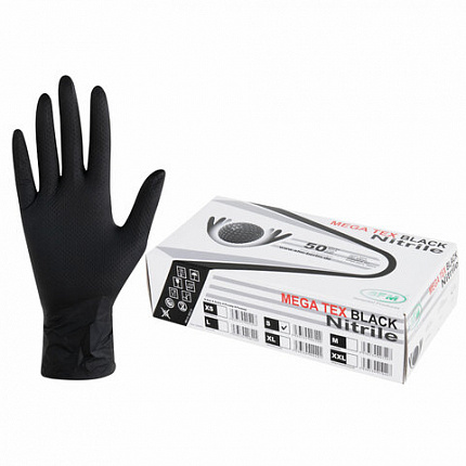 Перчатки нитриловые сверхпрочные с текстурой SFM MEGA TEX BLACK, Германия, 25 пар (50 штук), размер 6-7, S (малый)