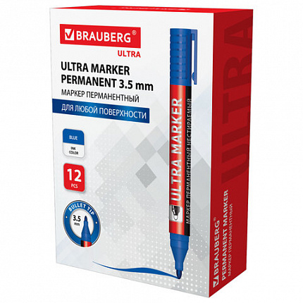 Маркер перманентный ULTRA MARKER, СИНИЙ, 3,5 мм, с клипом, BRAUBERG, 152206